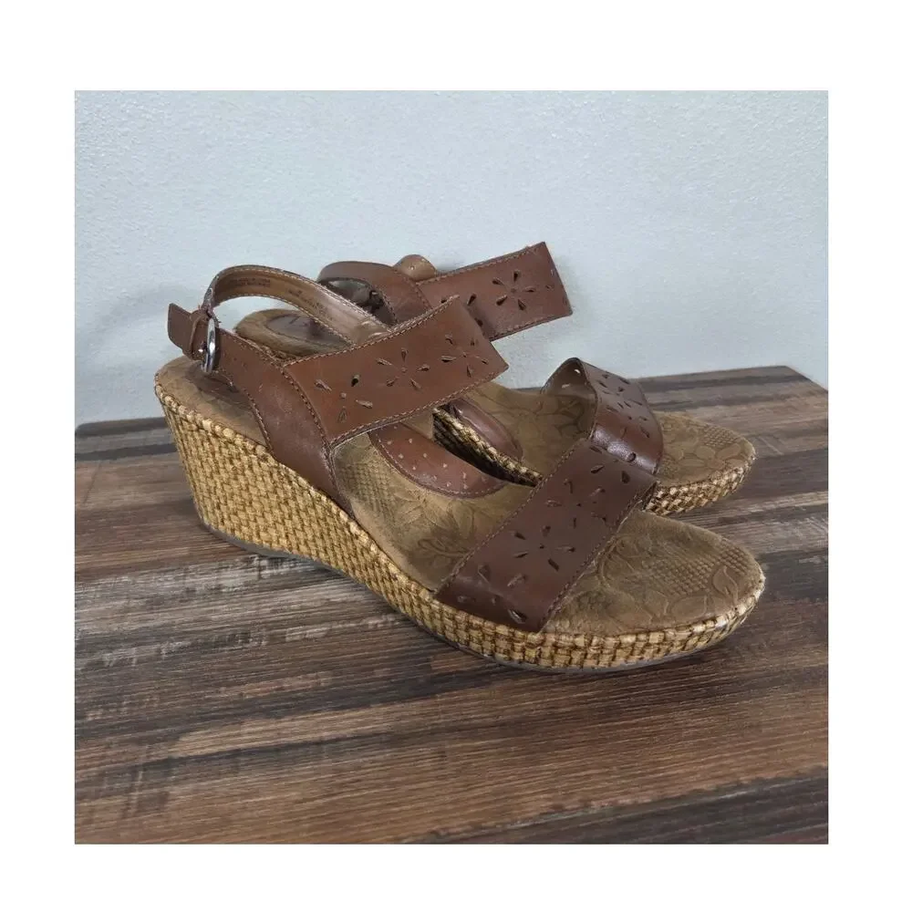 Born Concept Woman's Brown Leather Wedge Heel Tan Weave Sandal Size 9 Boho Indie